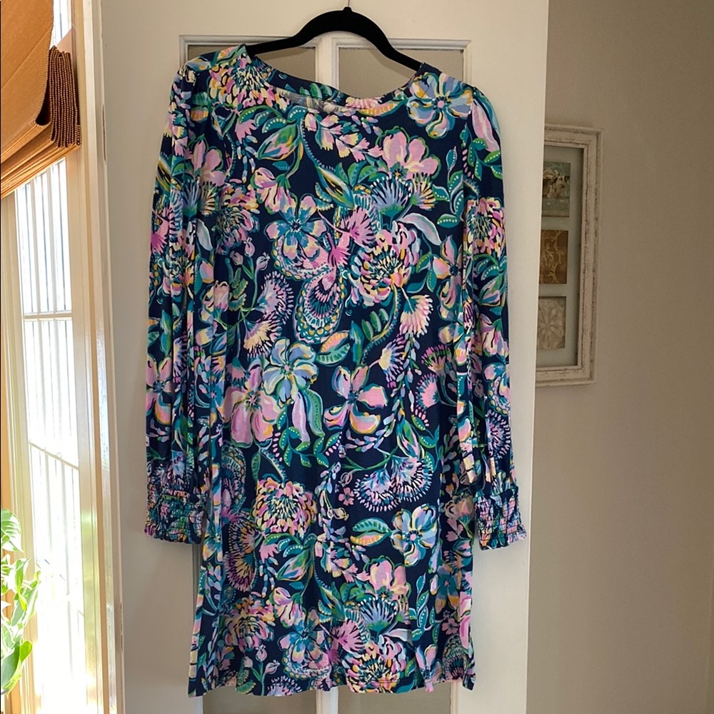 Lilly Pulitzer Blue and Pink Sheath Dress with Bishop Sleeves